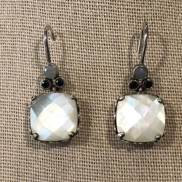 PANDORA Sterling Silver Cushion Cut Mother Of Pearl Drop Earrings AUTHENTIC